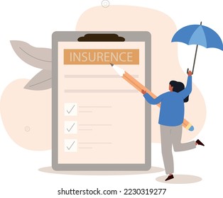 woman character with umbrella and full coverage insurance policy.Flat cartoon vector illustration.