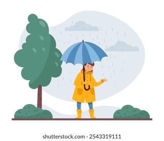 Personagem de mulher com guarda-chuva caminhando ao ar livre na ilustração vetorial de dia chuvoso