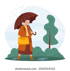 Woman Character with Umbrella Walking Outdoor at Rainy Day Vector Illustration