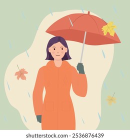 Woman character with umbrella walking under rain