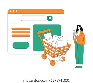 Woman Character Use Food Delivery Application to Order Vector Illustration