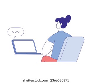 Woman Character Use Social Media Sitting at Laptop Vector Illustration