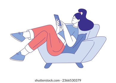 Woman Character Use Social Media Lying with Smartphone Vector Illustration