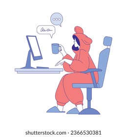 Woman Character Use Social Media Sitting at Desktop Computer with Drink Mug Vector Illustration
