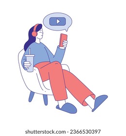 Woman Character Use Social Media Sitting on Chair with Smartphone Drinking Soda Vector Illustration