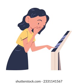 Woman Character Using Information Board with Interactive Interface Vector Illustration
