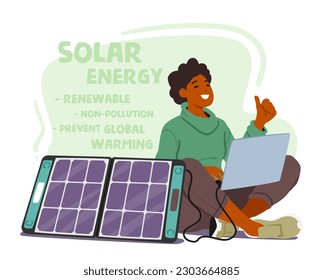 Woman Character Using Solar Energy To Power Laptop Outdoors. Environmentally-friendly And Cost-effective Solution For Remote Work And Productivity On The Go. Cartoon People Vector Illustration, Poster