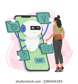 Woman Character Utilizing Chatbot Service On Her Phone Interacts With The Chat bot To Resolve Queries Or To Gain Information In User-friendly Way. Tech-savvy, E-commerce. Cartoon Vector Illustration