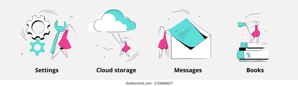 Woman character in various activities. Product category. Settings, cloud storage, messages and books concept vector illustration for mobile app onboarding screens. Hand drawn doodle sketch.