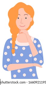 Woman character vector, isolated female holding hand by chin. Lady with braided red hairstyle. Attractive girl wearing sweater with polka dot print