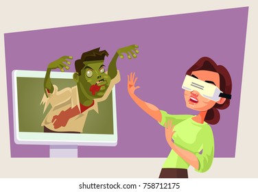 Woman character in virtual reality glasses play zombies game. Vector cartoon illustration