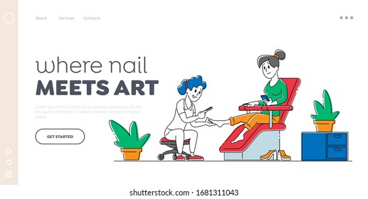 Woman Character Visiting Pedicure Salon Landing Page Template. Girl Applying Beauty Procedure. Master Polishing and Care for Nails to Client Sitting in Chair. Linear People. Linear Vector Illustration