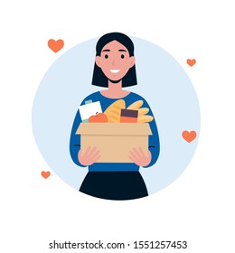 Woman Character Volunteer Hold Big Box Of Foods. Food Donation Concept. Flat Vector Cartoon Illustration Isolated White Background.