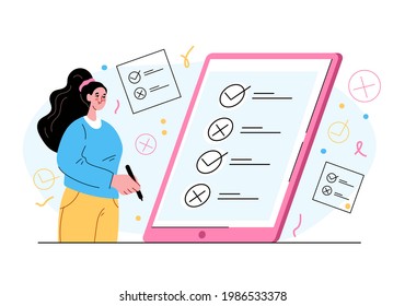 Woman character voting and pulling cross and thick in box list. Online digital internet vote concept. Vector flat isolated modern style illustration