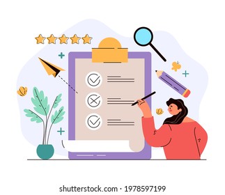 Woman character voting and put tick and cross marks in checkbox. Feedback questionnaire list concept. Vector flat cartoon modern style graphic illustration