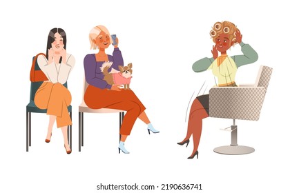 Woman Character Waiting in Queue in Beauty Salon Sitting on Chair Smiling and Speaking by Phone Vector Set