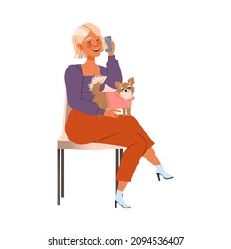 Woman Character Waiting in Queue or in Line for Beauty Salon Sitting on Chair with Crossed Legs and Speaking by Phone Vector Illustration