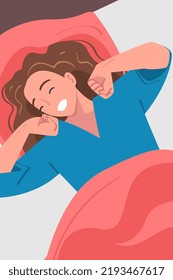 Woman Character Waking Up Feeling Happy Stretching Out in Bed Ready to Get Up in the Morning Vector Illustration