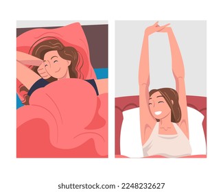 Woman Character Waking Up Feeling Happy Stretching Out in Bed Ready to Get Up in the Morning Vector Set