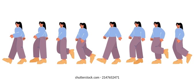 Woman character walk cycle sequence in side view. Vector flat illustration of girl steps in different postures. Animation sprite sheet of walking female person, girl gait