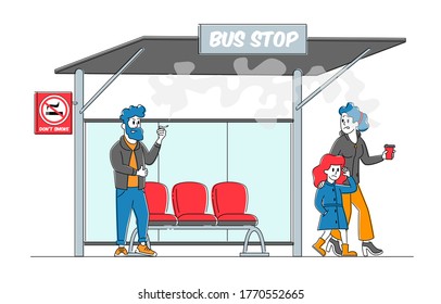 Woman Character Walk with Daughter Displeased with Man Smoke in Public Place, Mother Angry on Smoker, Second Hand Passive Smoking Social Problem, Unhealthy Lifestyle. Linear People Vector Illustration