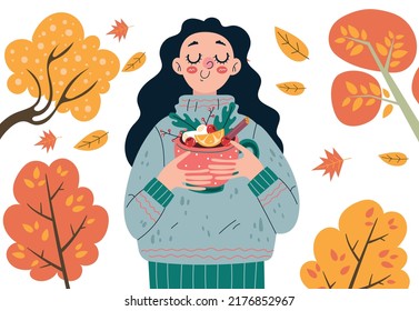 Woman character walking autumn park forest with hot drink concept. Graphic design element illustration
