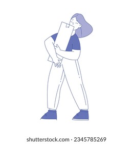 Woman Character Walking with Cardboard Box Vector Illustration