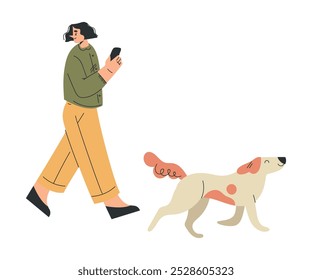Woman Character Walking Dog in Park Vector Illustration