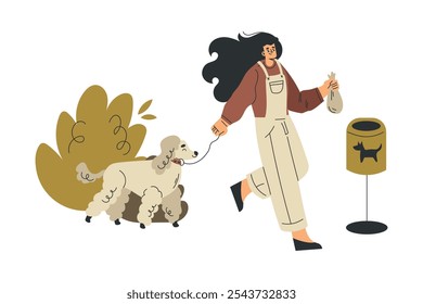 Personaje de la mujer que camina Poodle Dog Pet como Ilustración vectorial de animales domésticos