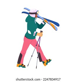 Woman Character Walking with Skis and Poles for Alpine Skiing in Winter Season Vector Illustration