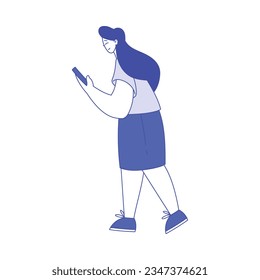 Woman Character Walking with Smartphone Using Social Media Vector Illustration