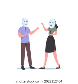 Woman Character Wear Angry Mask Scream on Man who Hide his Face. People Playing Life Roles, Hiding Emotions and Cover Faces under Masks, Hypocrisy, Insincerity Concept. Cartoon Vector Illustration