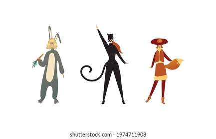 Woman Character Wearing Animal Costume Participating in Masquerade and Celebrating Party Vector Set