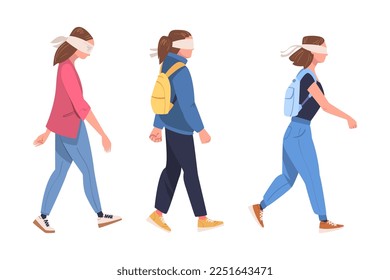 Woman Character Wearing Blindfold Following Someone Trusting and Having Faith in Something Vector Set