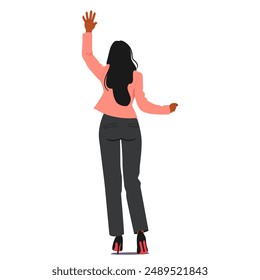 Woman Character Wearing Business Attire, Standing With Her Back Towards The Viewer And Reaching Upward. Vector Image Conveys Concepts Of Aspiration, Ambition, And Determination. Cartoon Illustration