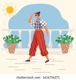 Woman character wearing casual clothes and glasses accessory going at home. Female in t-shirt and trouser going near houseplants outdoor in sunny weather. Trendy view of person clothing vector