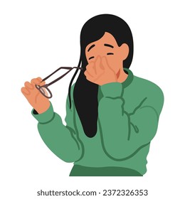 Woman Character Wearing Glasses, Her Face Slightly Strained, Rubs Her Tired Eyes With A Thoughtful Expression, Seeking Relief From A Long Day Work Or Strain. Cartoon People Vector Illustration