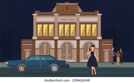 Woman character wearing luxury outfit near car on theater building background. Girl in elegant dress with phone at theater. Couple having date. Person at VIP event vector illustration.