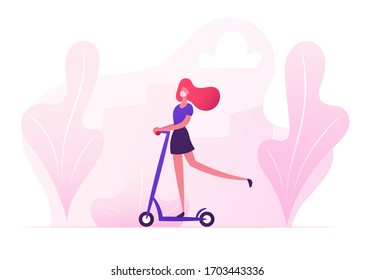 Woman Character Wearing Medical Mask Riding Scooter in Park. Girl Enjoying Open Air Ride Using Eco Transportation for Moving during Covid 19 Pandemic, Active Lifestyle. Cartoon Vector Illustration
