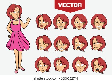 Woman character wearing a pink dress. Various facial expressions.