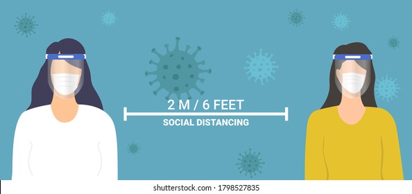 woman character wearing surgical mask and face shield maintain social distancing to prevent virus spreading, flu prevention, coronavirus, social isolation, self quarantine