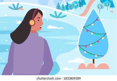 Woman character wearing sweater and airflaps enjoying wild nature in frost season. Female near decorated fir-tree and frosty lake on snowy hills. Winter trip of girl in cold weather outdoor vector