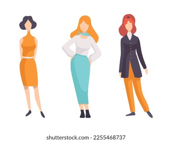 Woman Character Wearing Vintage Clothing from 70s in Standing Pose Vector Set