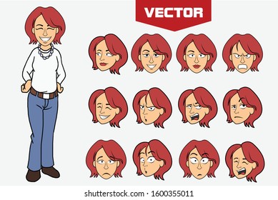 Woman character wearing white t-shirt and jeans. Hands on the waist. Various facial expressions.