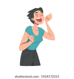 Woman Character with Wide Open Mouth Shouting or Screaming Loud Holding Hand Near Mouth Vector Illustration