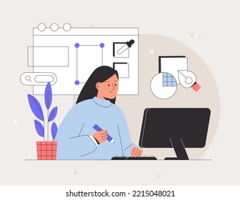 Woman character working with laptop. Freelancer working on web and application development on computers. Software developers.