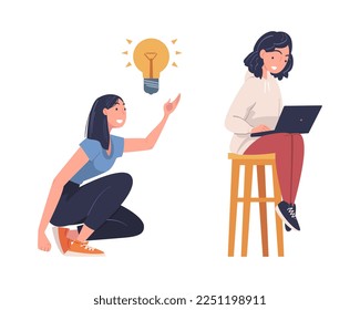 Woman Character Working at Laptop and Having Idea with Lightbulb Vector Set