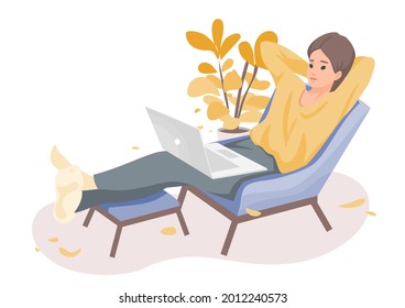 Woman character working with laptop at home Rest and relax. work from home, Freelance, self-employment, online technology, flat vector illustration