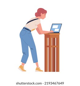 Woman Character Working at Laptop Rested on Stool Vector Illustration