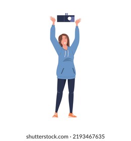 Woman Character Working Lighting with Lamp Vector Illustration